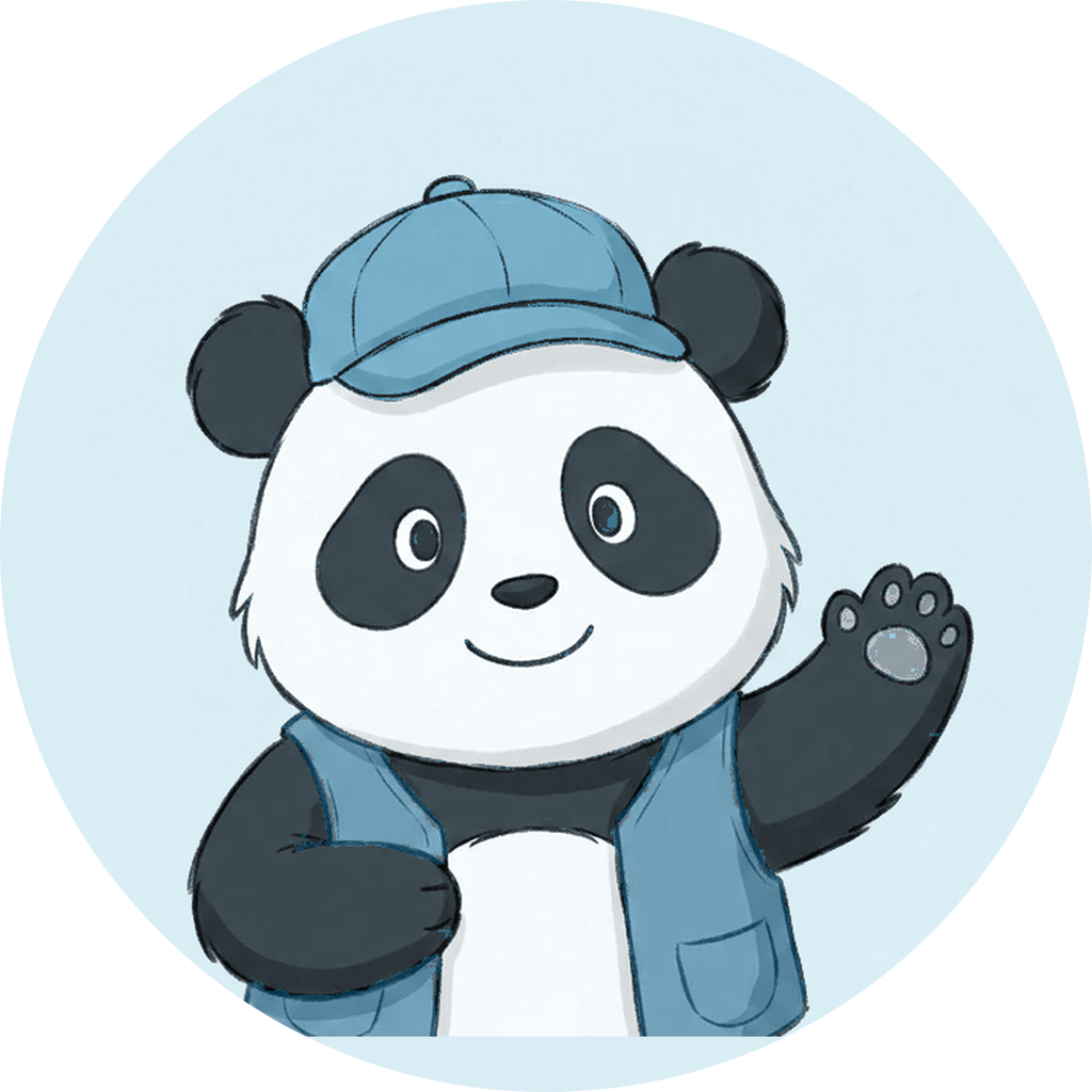 Toby, a friendly panda in a blue cap and blue vest