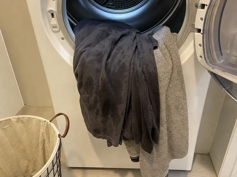 Damp clothes hanging from an open dryer, with darker wet patches on the fabric
