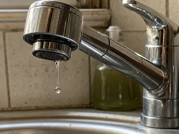 Water dripping from a kitchen faucet into the sink