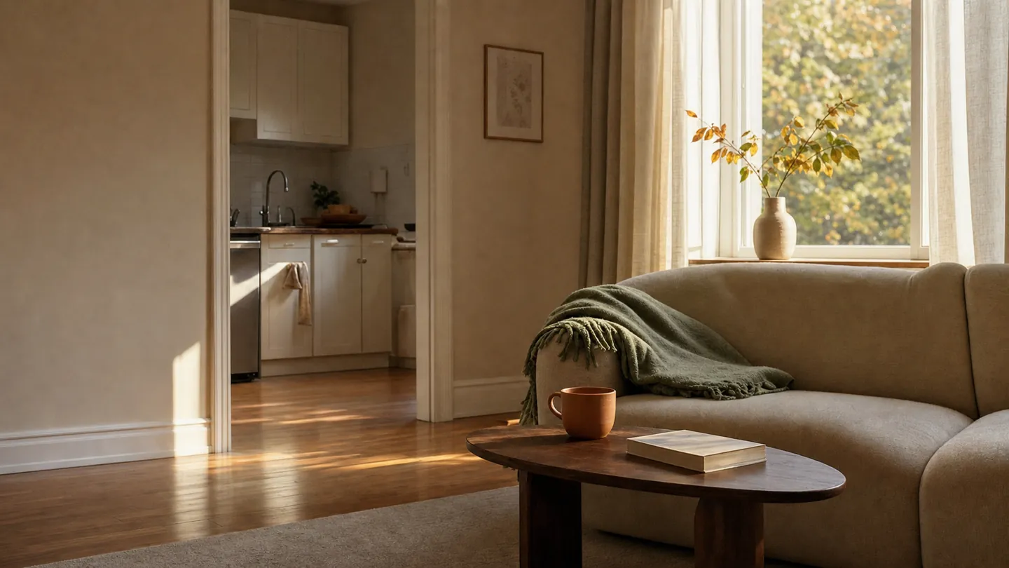 A cozy apartment with an oatmeal sofa, a green throw and warm autumn sunlight