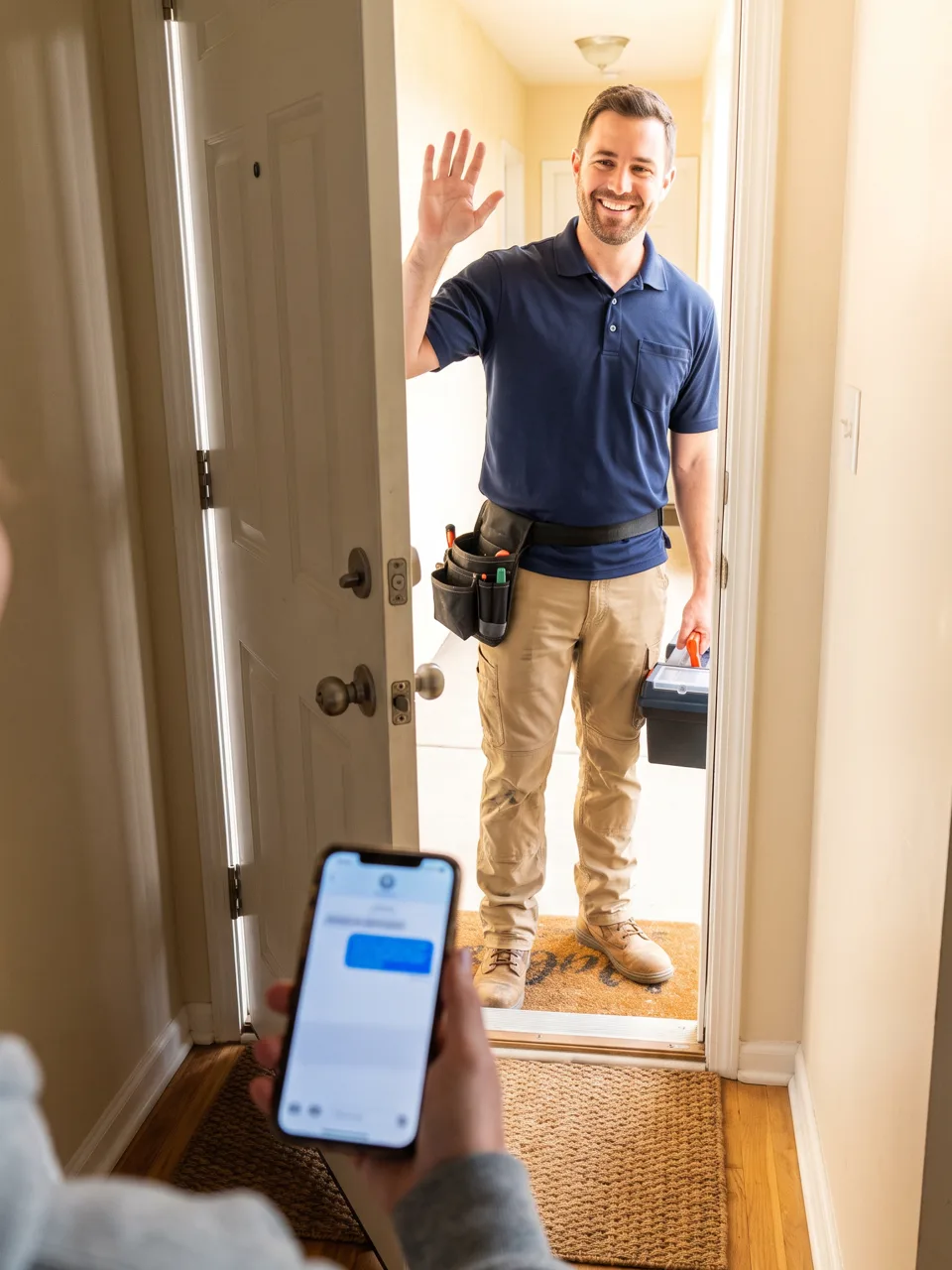 Illustrative scene of a home-service professional arriving at an open front door with tools